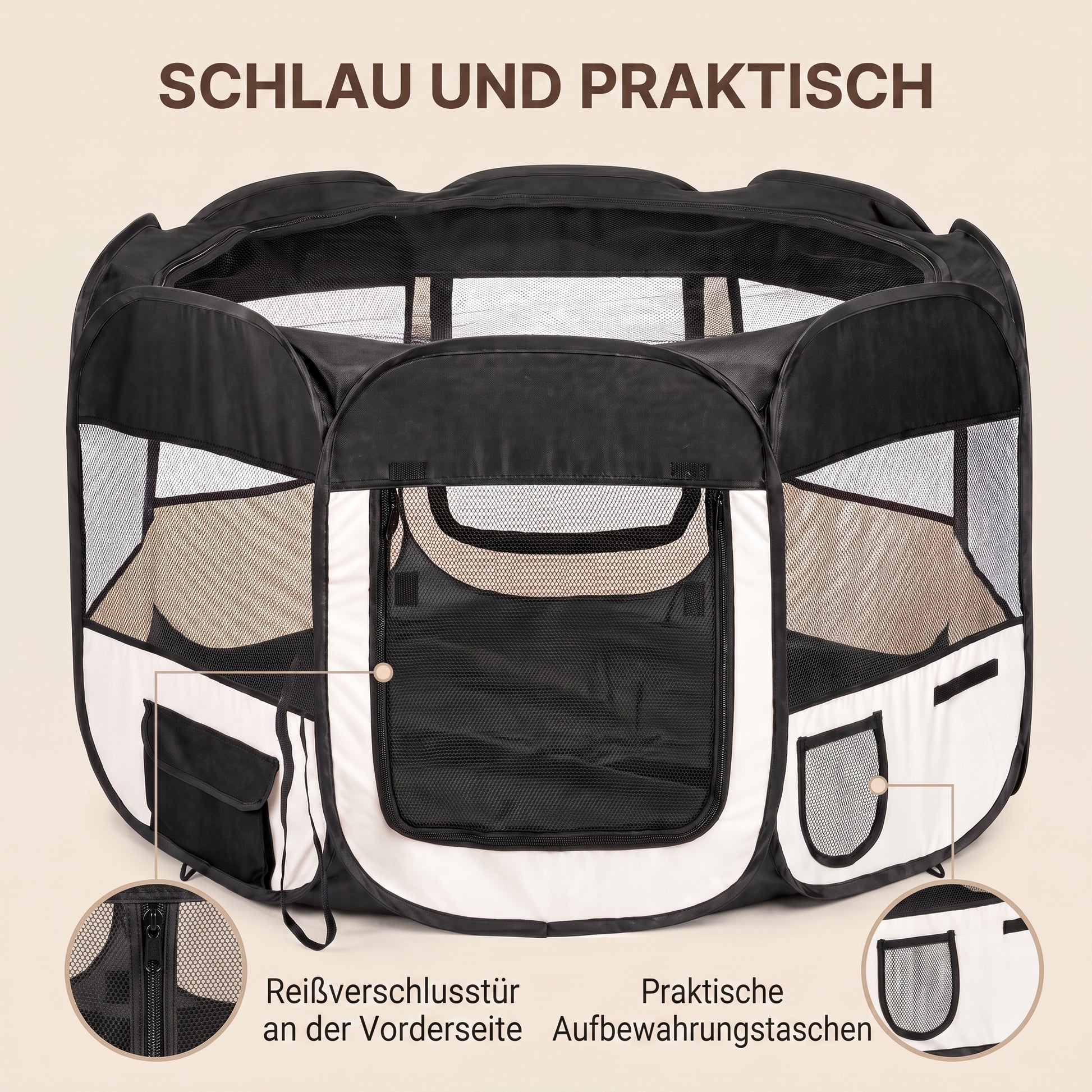 IvoQ Faltbarer Welpenlaufstall mit Dach – 114 x 114 x 58 cm – Schwarz/Creme