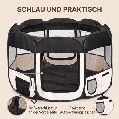 IvoQ Faltbarer Welpenlaufstall mit Dach – 114 x 114 x 58 cm – Schwarz/Creme
