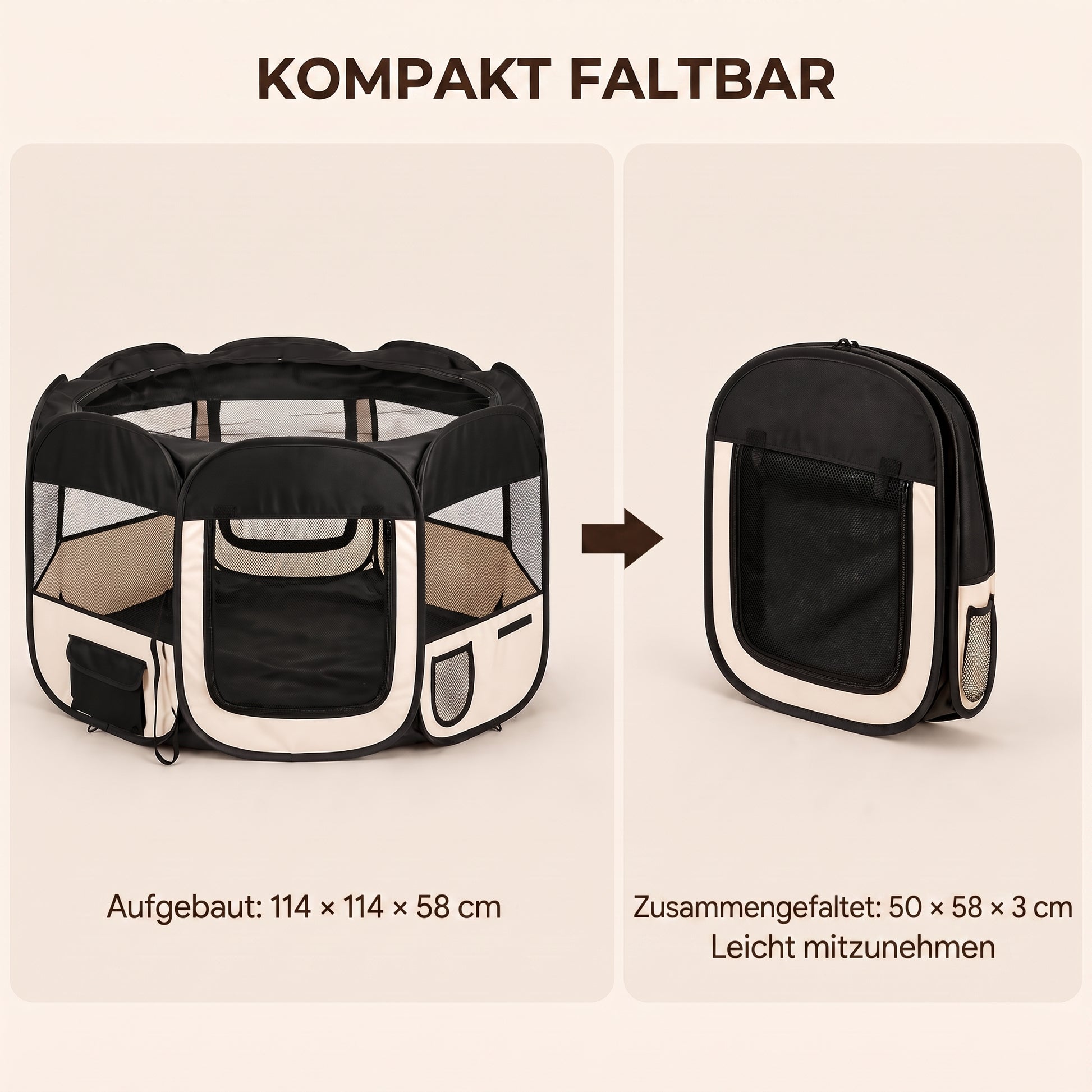 IvoQ Faltbarer Welpenlaufstall mit Dach – 114 x 114 x 58 cm – Schwarz/Creme