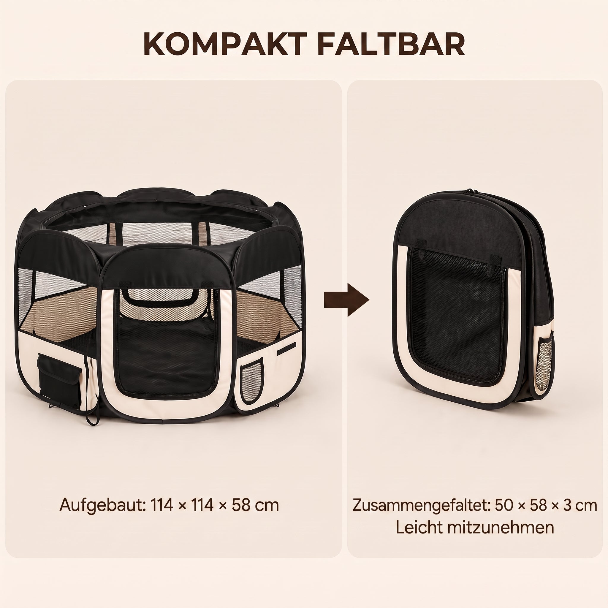 IvoQ Faltbarer Welpenlaufstall mit Dach – 114 x 114 x 58 cm – Schwarz/Creme