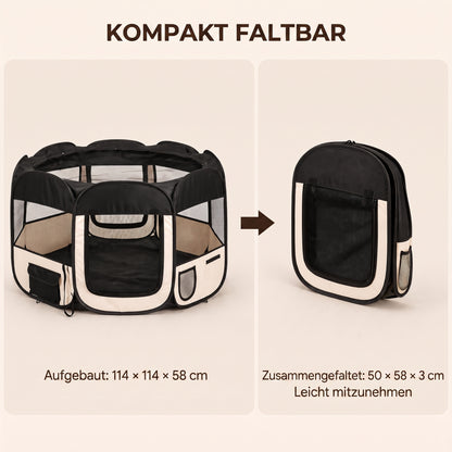 IvoQ Faltbarer Welpenlaufstall mit Dach – 114 x 114 x 58 cm – Schwarz/Creme