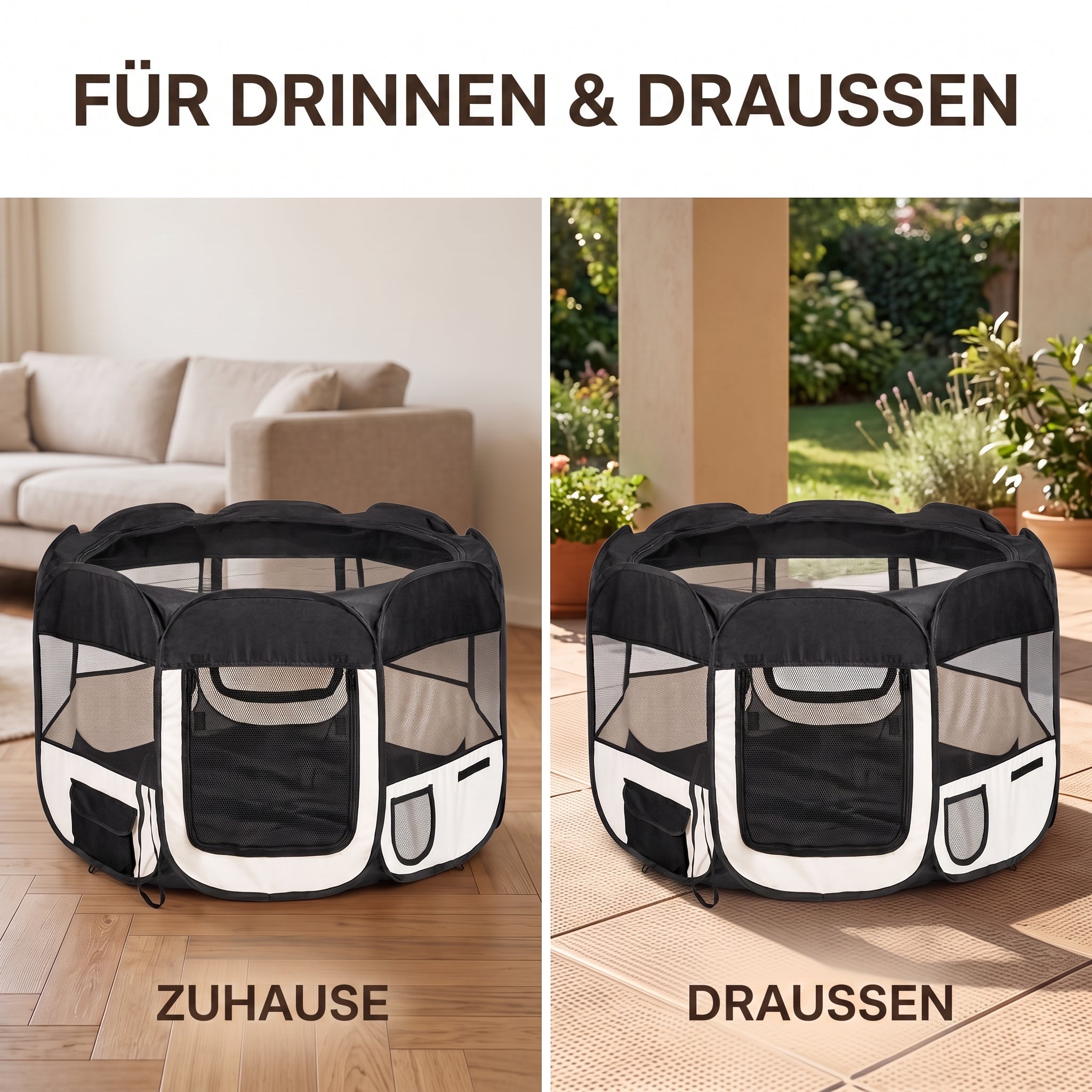 IvoQ Faltbarer Welpenlaufstall mit Dach – 114 x 114 x 58 cm – Schwarz/Creme