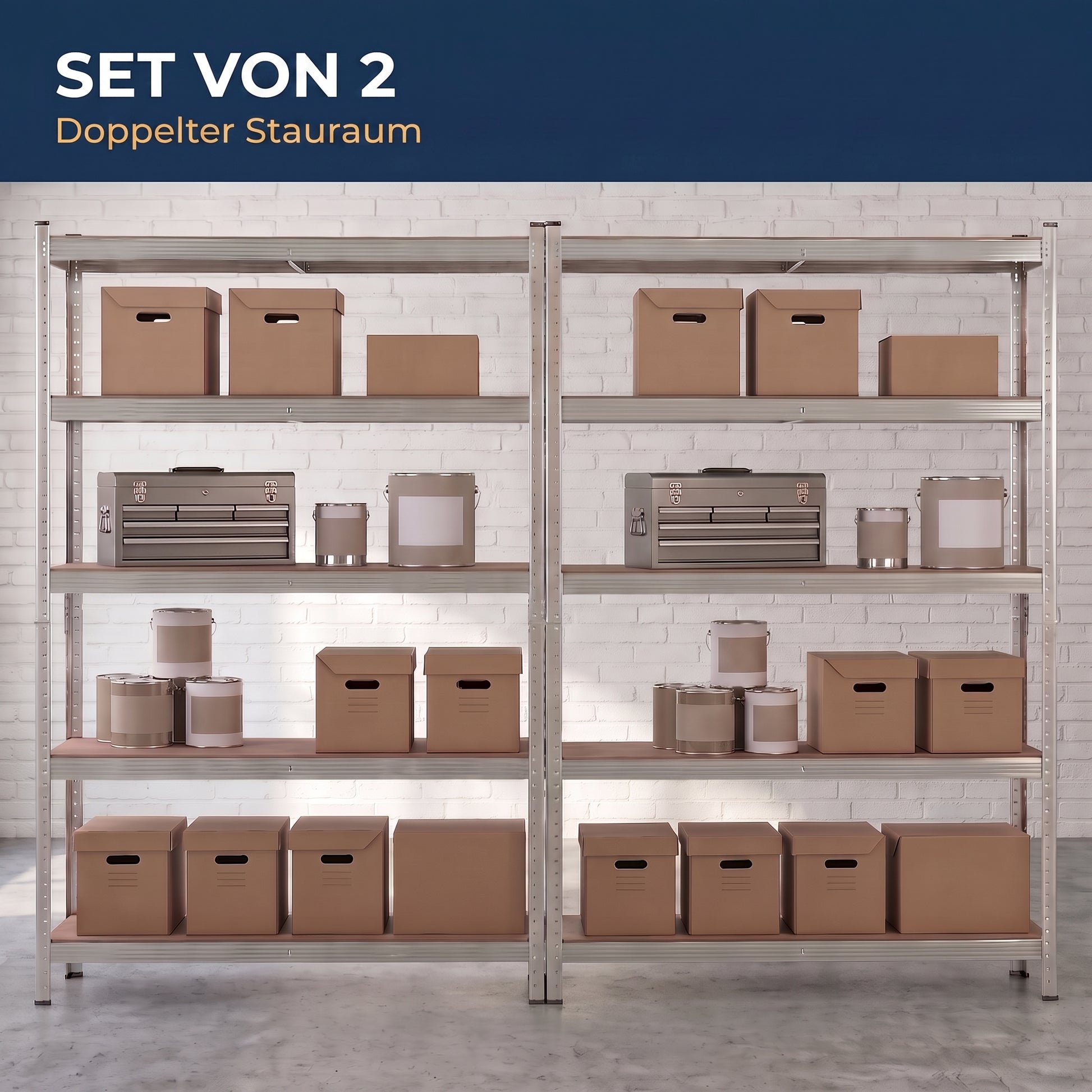 IvoQ Regalsets 2er-Set – 180 x 90 x 40 cm – Verzinktes Metall – 5 MDF-Böden – Für Garage und Schuppen