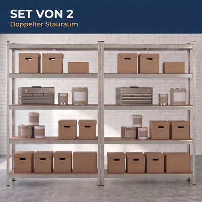 IvoQ Regalsets 2er-Set – 180 x 90 x 40 cm – Verzinktes Metall – 5 MDF-Böden – Für Garage und Schuppen