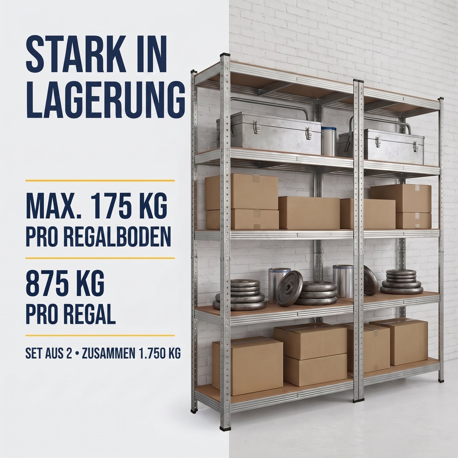 IvoQ Regalsets 2er-Set – 180 x 90 x 40 cm – Verzinktes Metall – 5 MDF-Böden – Für Garage und Schuppen