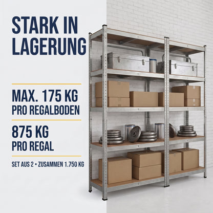 IvoQ Regalsets 2er-Set – 180 x 90 x 40 cm – Verzinktes Metall – 5 MDF-Böden – Für Garage und Schuppen