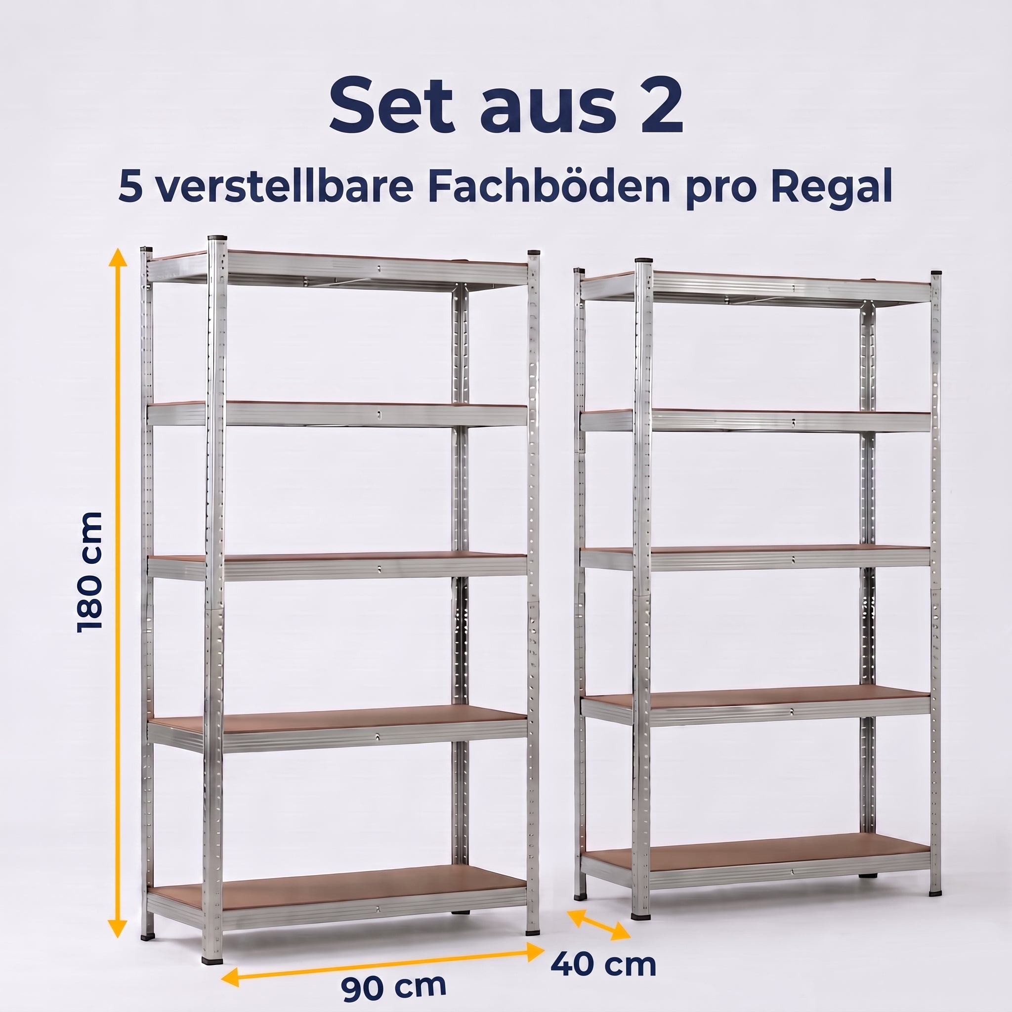 IvoQ Regalsets 2er-Set – 180 x 90 x 40 cm – Verzinktes Metall – 5 MDF-Böden – Für Garage und Schuppen