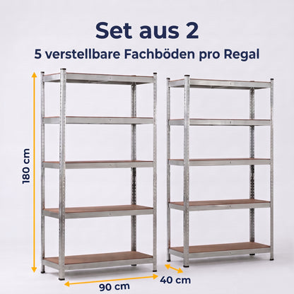 IvoQ Regalsets 2er-Set – 180 x 90 x 40 cm – Verzinktes Metall – 5 MDF-Böden – Für Garage und Schuppen