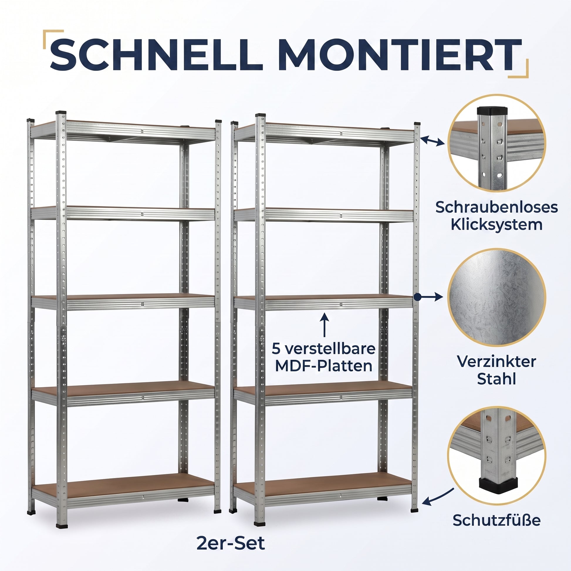 IvoQ Regalsets 2er-Set – 180 x 90 x 40 cm – Verzinktes Metall – 5 MDF-Böden – Für Garage und Schuppen