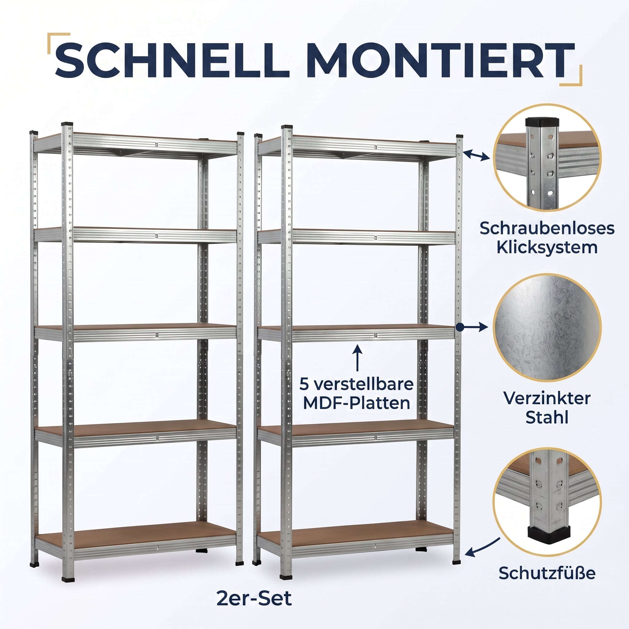 IvoQ Regalsets 2er-Set – 180 x 90 x 40 cm – Verzinktes Metall – 5 MDF-Böden – Für Garage und Schuppen