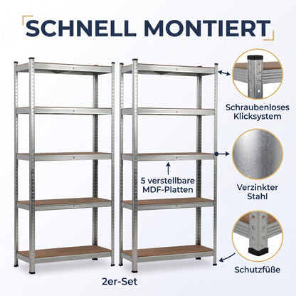 IvoQ Regalsets 2er-Set – 180 x 90 x 40 cm – Verzinktes Metall – 5 MDF-Böden – Für Garage und Schuppen