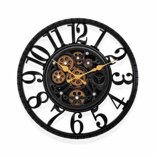 IvoQ Industriële Wandklok met Draaiende Tandwielen - Zwart & Goud - Stoere Muurklok - 40 cm