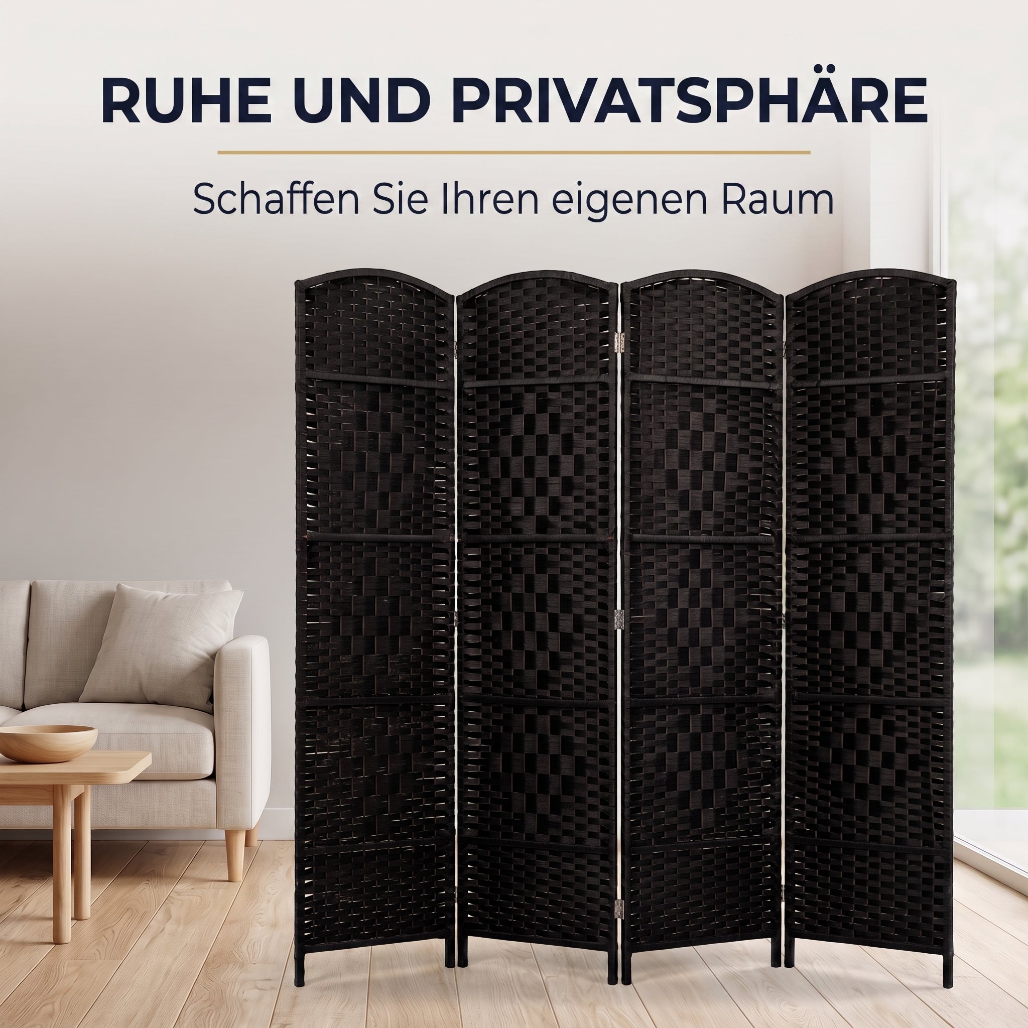 IvoQ Paravent Schwarz – Raumteiler – 4 Paneele – 170 x 160 cm