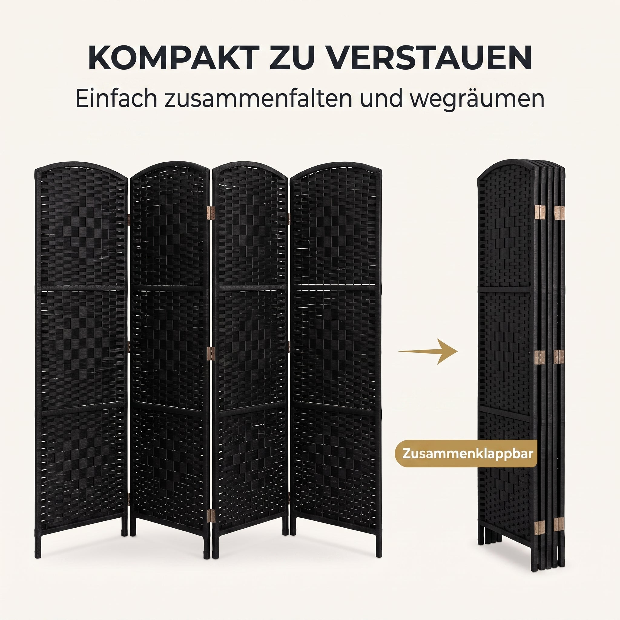 IvoQ Paravent Schwarz – Raumteiler – 4 Paneele – 170 x 160 cm
