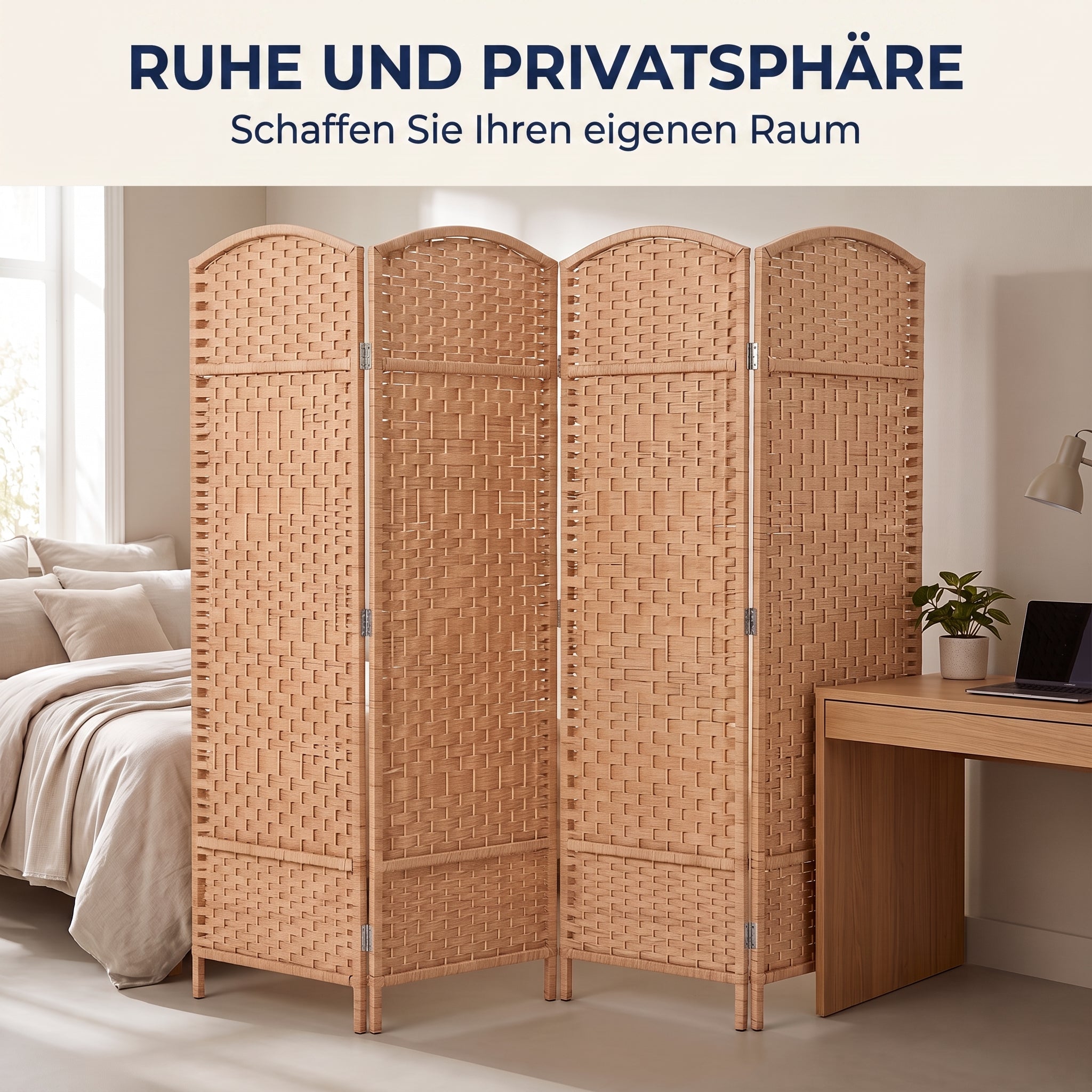 IvoQ Raumteiler – 4 Paneele – 170 x 160 cm – Faltbarer Roomdivider – Naturbraun