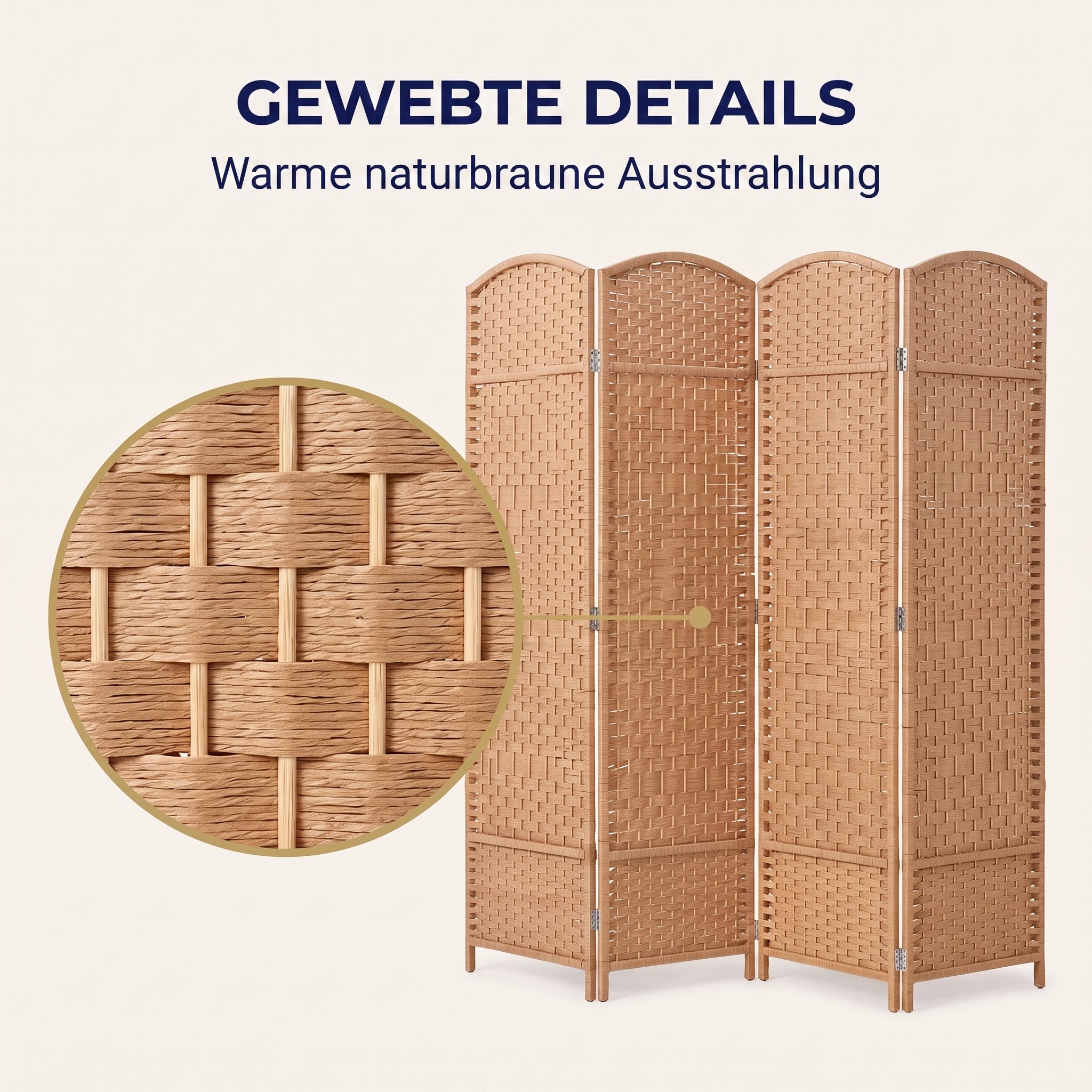 IvoQ Raumteiler – 4 Paneele – 170 x 160 cm – Faltbarer Roomdivider – Naturbraun