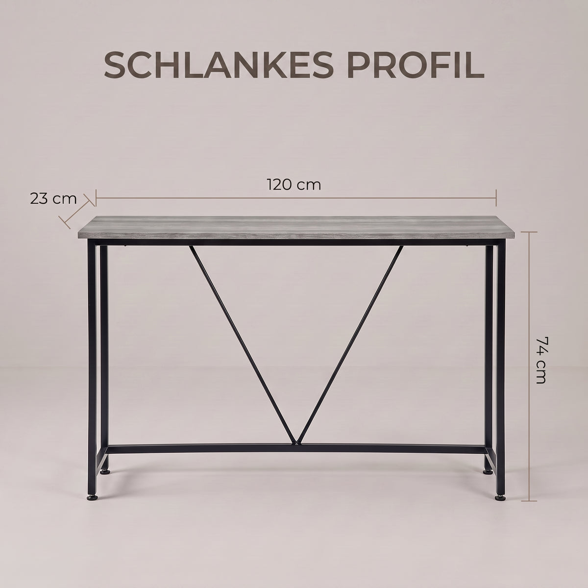 IvoQ Konsolentisch – Schmaler Konsolentisch 120 × 23 × 74 cm – Graue Holzoptik – Schwarzer Metallrahmen