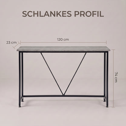 IvoQ Konsolentisch – Schmaler Konsolentisch 120 × 23 × 74 cm – Graue Holzoptik – Schwarzer Metallrahmen
