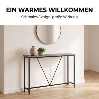 IvoQ Konsolentisch – Schmaler Konsolentisch 120 × 23 × 74 cm – Graue Holzoptik – Schwarzer Metallrahmen