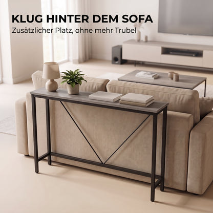 IvoQ Konsolentisch – Schmaler Konsolentisch 120 × 23 × 74 cm – Graue Holzoptik – Schwarzer Metallrahmen