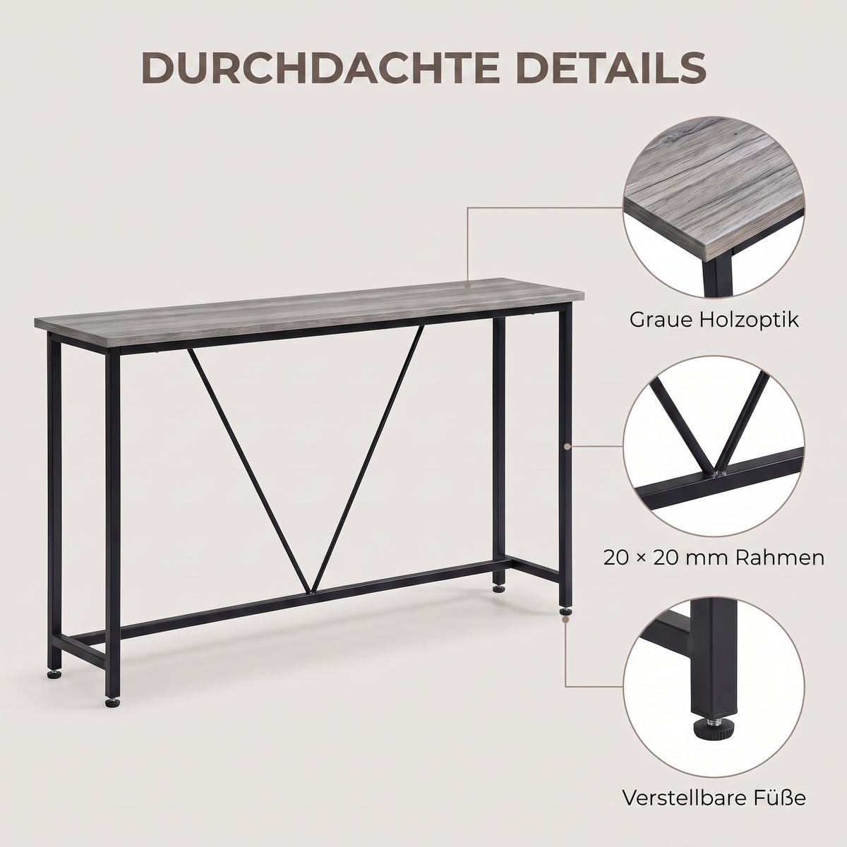 IvoQ Konsolentisch – Schmaler Konsolentisch 120 × 23 × 74 cm – Graue Holzoptik – Schwarzer Metallrahmen