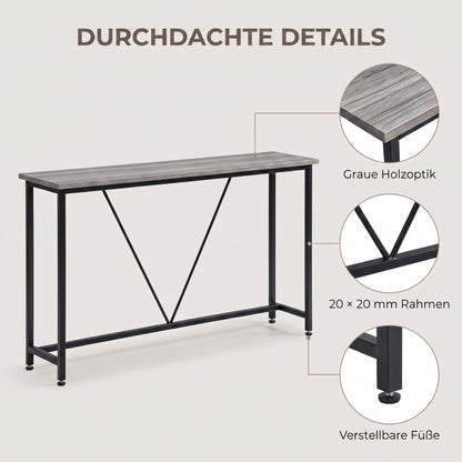 IvoQ Konsolentisch – Schmaler Konsolentisch 120 × 23 × 74 cm – Graue Holzoptik – Schwarzer Metallrahmen