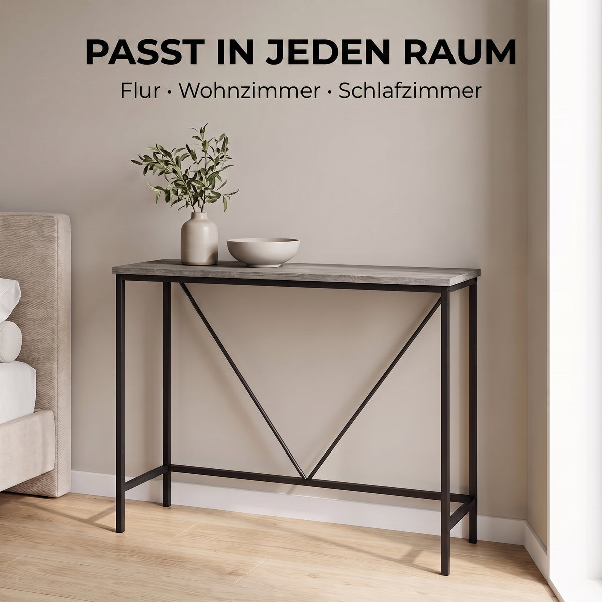 IvoQ Konsolentisch – Schmaler Konsolentisch 120 × 23 × 74 cm – Graue Holzoptik – Schwarzer Metallrahmen