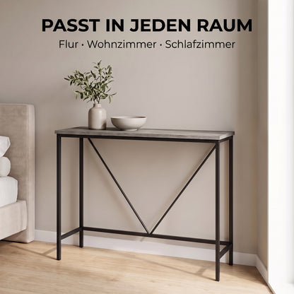 IvoQ Konsolentisch – Schmaler Konsolentisch 120 × 23 × 74 cm – Graue Holzoptik – Schwarzer Metallrahmen