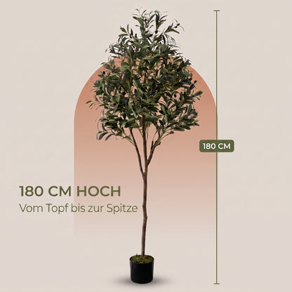 IvoQ Kunst-Olivenbaum 180 cm - Realistische Kunstpflanze mit Topf und Oliven