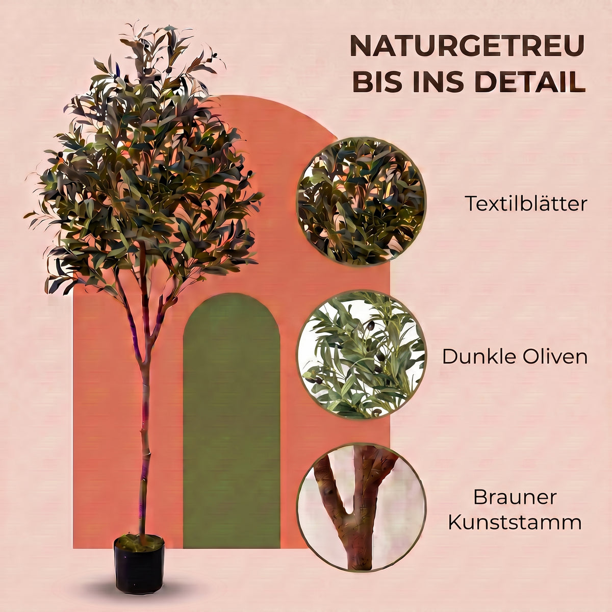 IvoQ Kunst-Olivenbaum 180 cm - Realistische Kunstpflanze mit Topf und Oliven