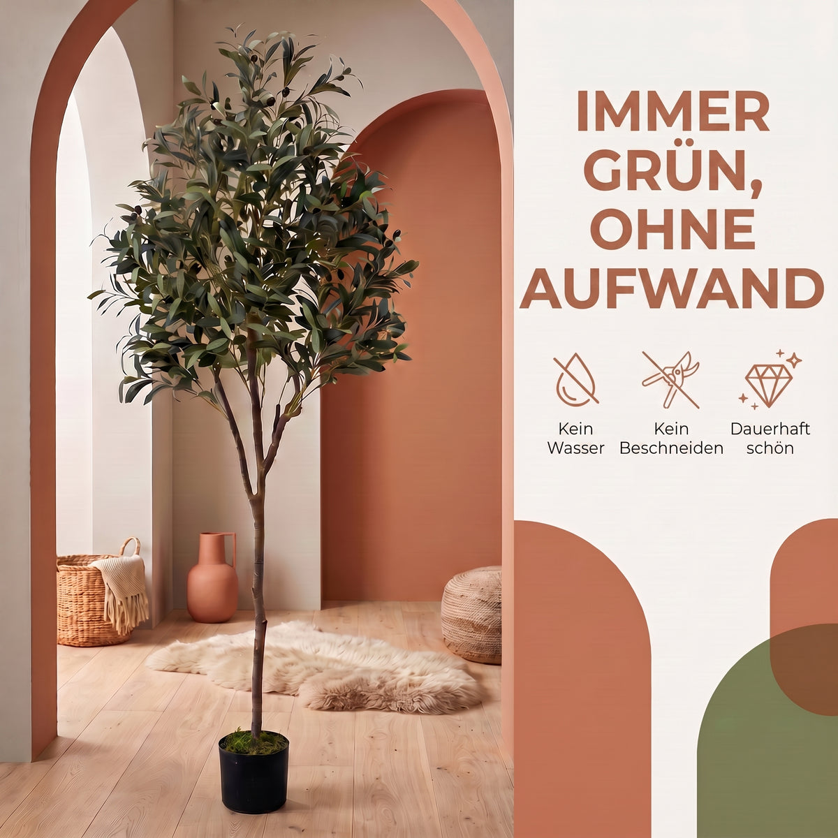 IvoQ Kunst-Olivenbaum 180 cm - Realistische Kunstpflanze mit Topf und Oliven