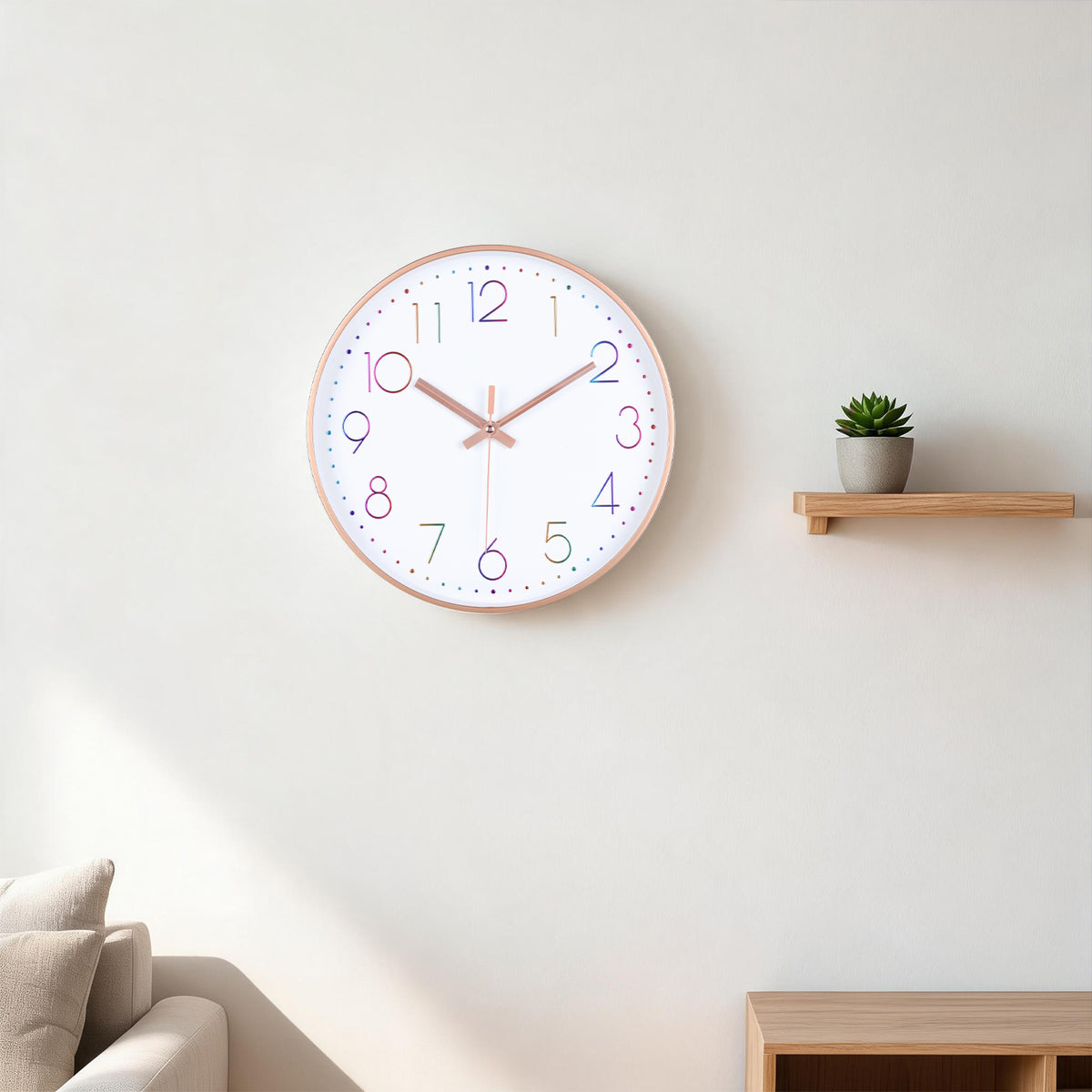 IvoQ Moderne Wandklok - Stil Uurwerk - Rosé Goud & Gekleurde 3D Cijfers - Analoog - Niet Tikkend - 30 cm