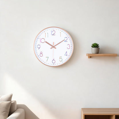 IvoQ Moderne Wandklok - Stil Uurwerk - Rosé Goud & Gekleurde 3D Cijfers - Analoog - Niet Tikkend - 30 cm