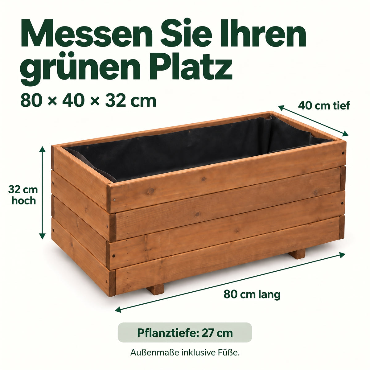 IvoQ Pflanzkasten aus Holz – 80 x 40 x 32 cm – FSC-Holz – Für Gemüse, Blumen & Kräuter – Mit Drainage und Vliesbeutel – Für Garten & Balkon