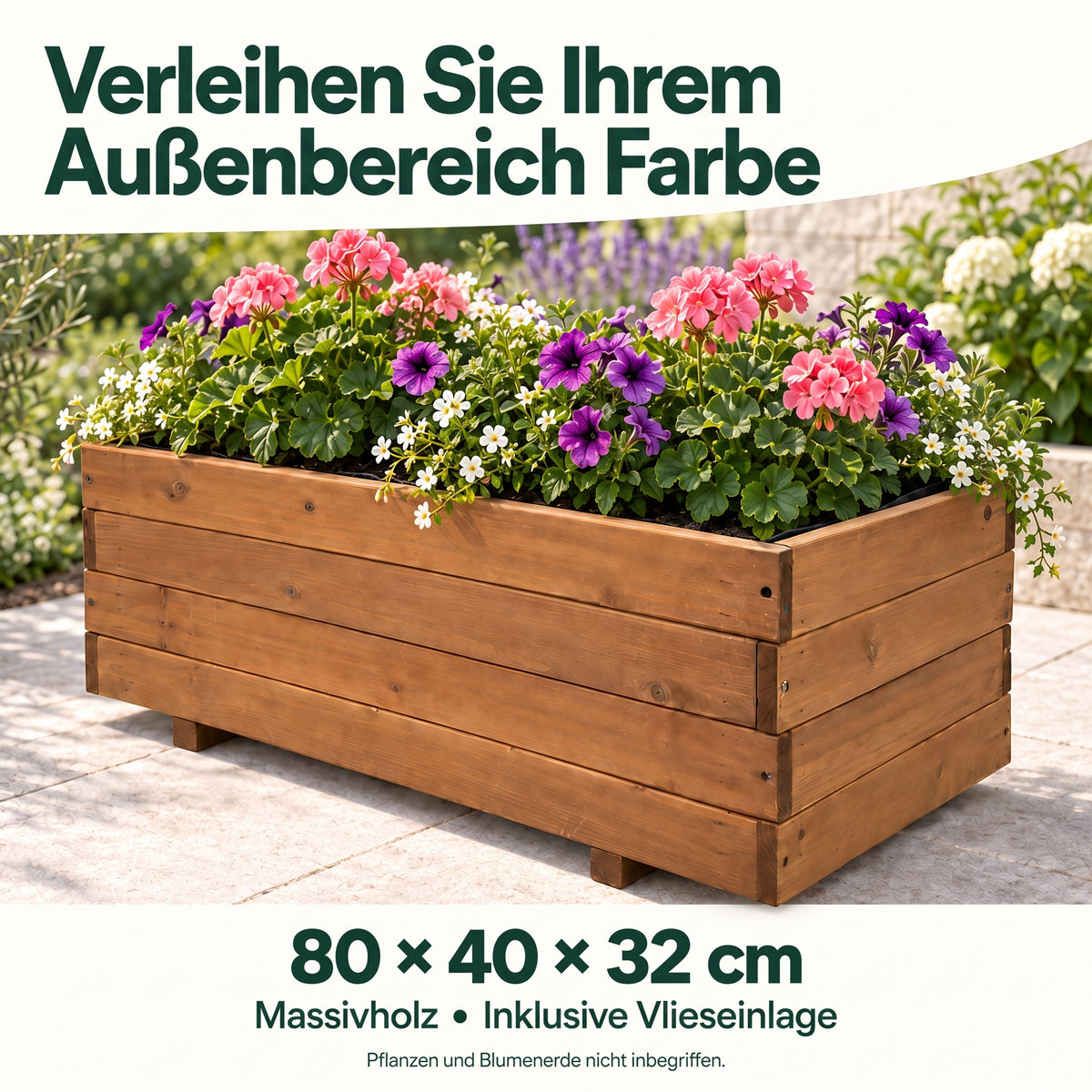 IvoQ Pflanzkasten aus Holz – 80 x 40 x 32 cm – FSC-Holz – Für Gemüse, Blumen & Kräuter – Mit Drainage und Vliesbeutel – Für Garten & Balkon